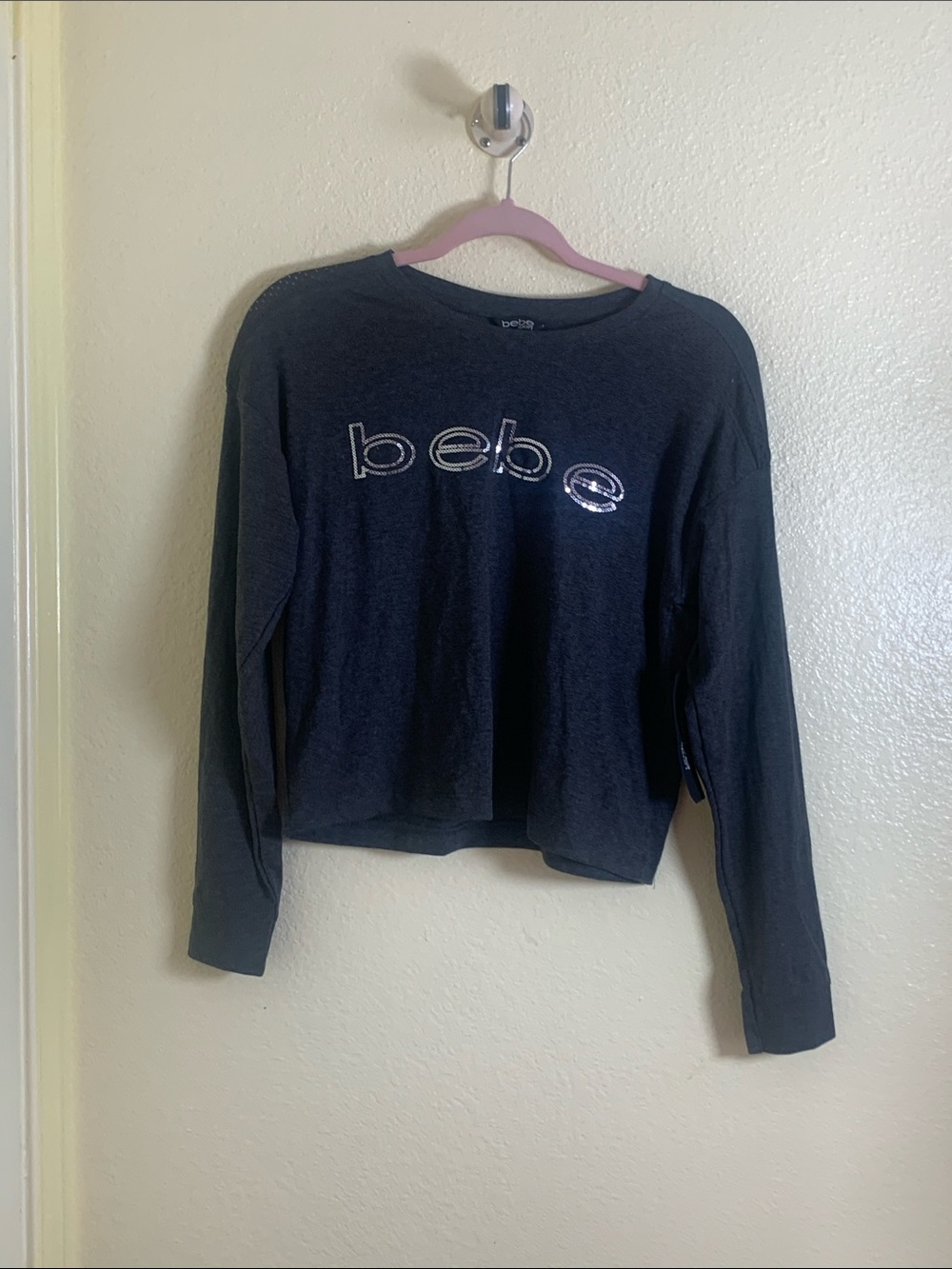 NWT bebe Black Long Sleeve Logo Tee, Size S